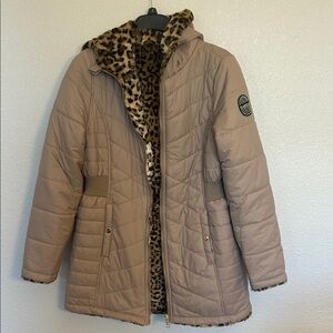 bebe Tan Quilted Puffer with Leopard Lining